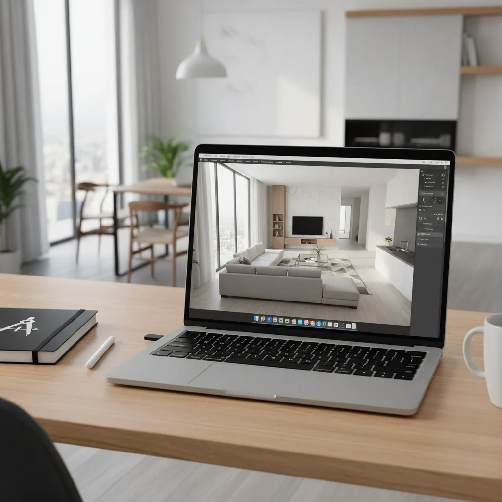 3D home floor plan visualization displayed on laptop screen