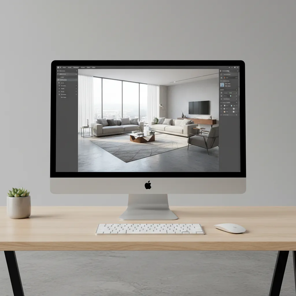 Computer screen displaying 3D home design software with a living room layout