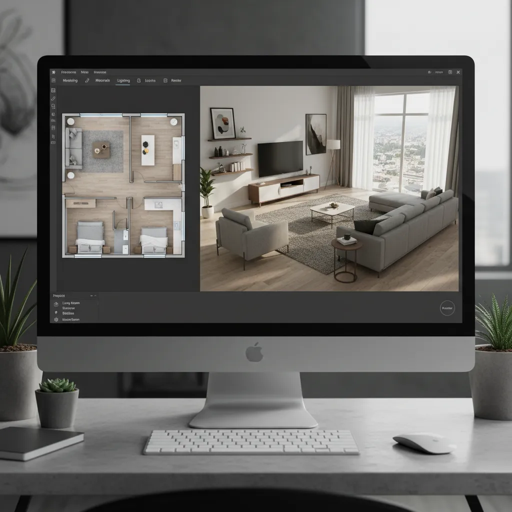 Computer monitor showing a floor plan and 3D living room design on a white desk