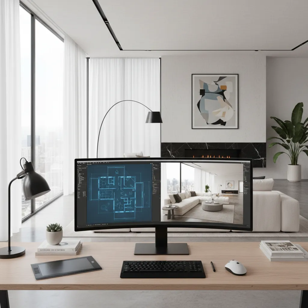 Computer monitor showing 2D floor plan and 3D interior design drawing on a wooden desk