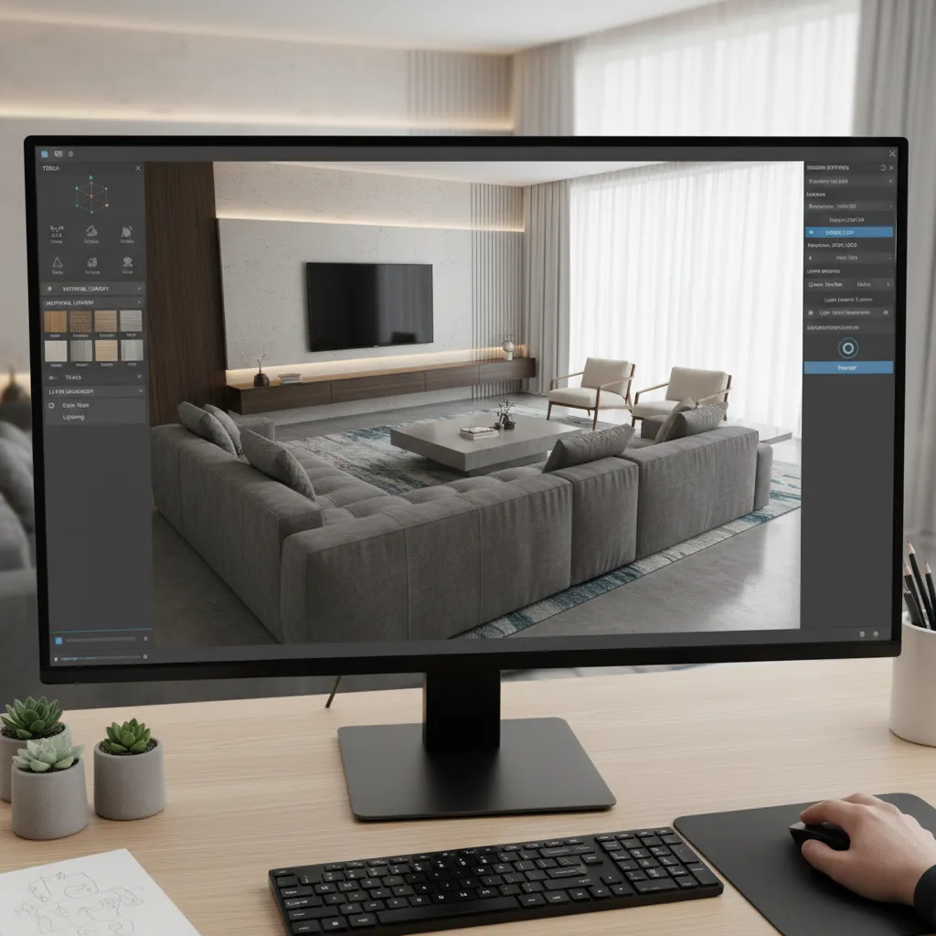 Monitor displaying interior design software with grey sofa and television in modern living room layout