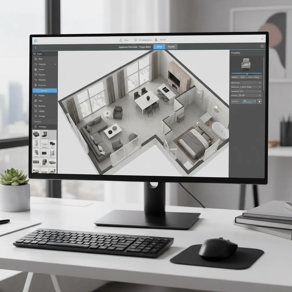Computer screen showing 3D home layout planning software interface