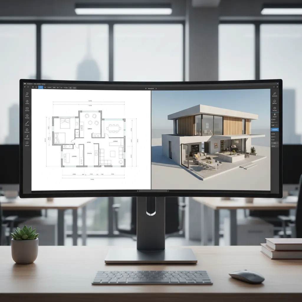 Architectural software interface showing 3D modeling and floor plan tools