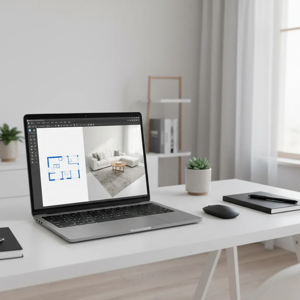 Laptop displaying 3D room planning software with furniture layout