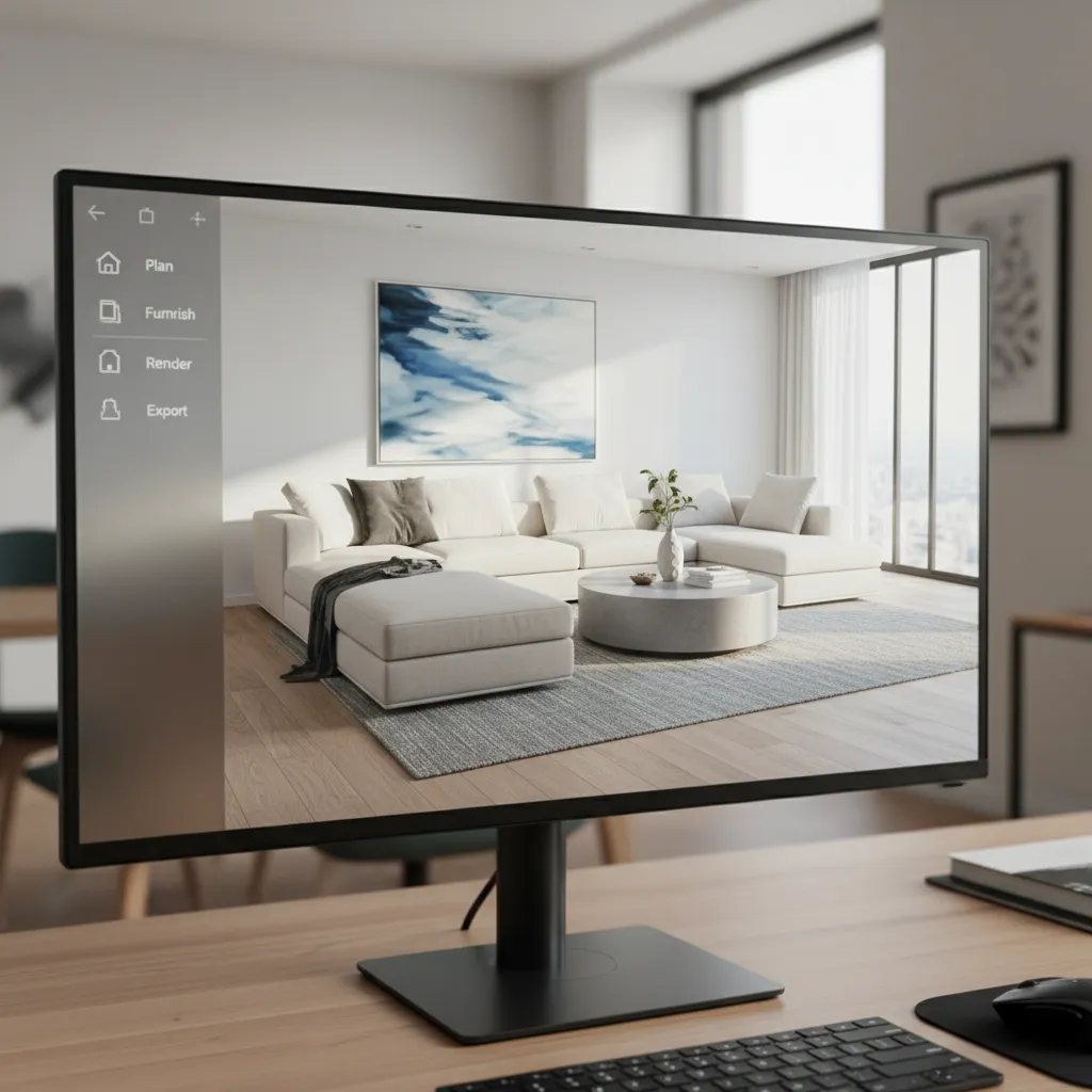 giao diện phần mềm thiết kế nhà hiển thị phòng khách 3D