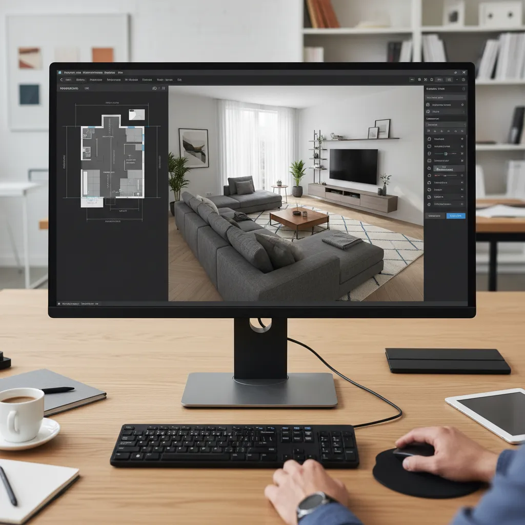 Phần mềm thiết kế nhà hiển thị mô hình phòng khách 3D trên máy tính
