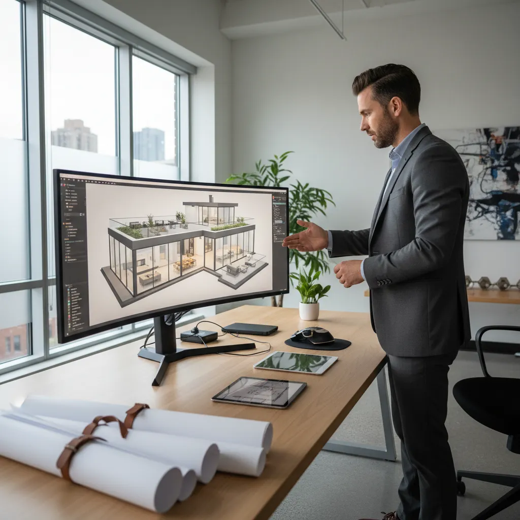 architect reviewing digital home floor plan before construction planning