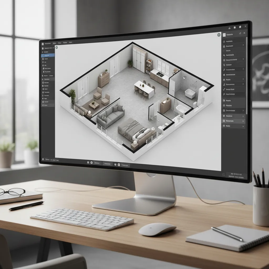 3D home floor plan visualization on a computer screen used for home renovation planning