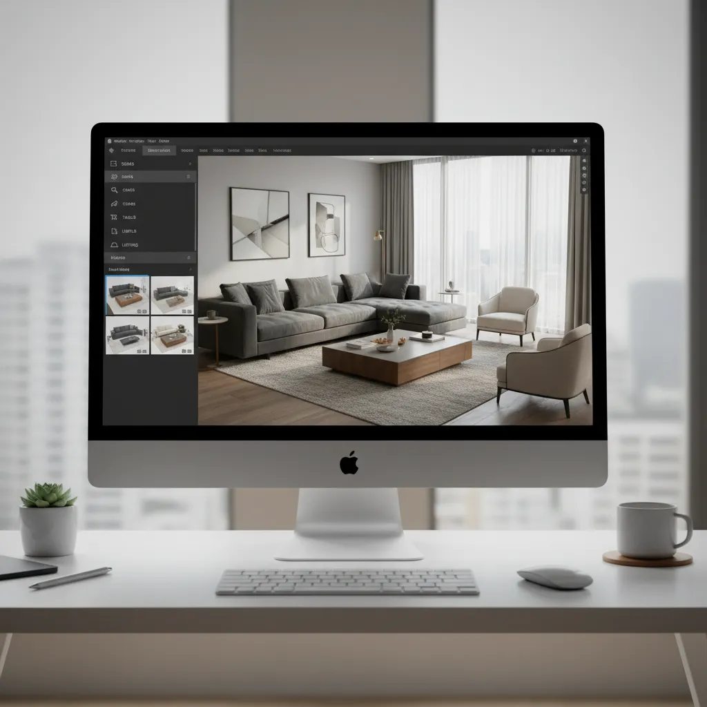 Home design software interface showing a furniture library panel and living room layout