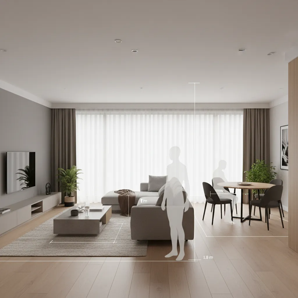 3D interior design model showing furniture scale comparison in a living room