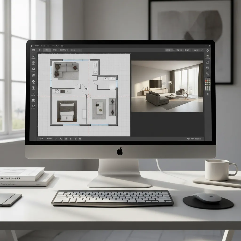 Interfaz de un programa de diseño de interiores con plano y vista 3D