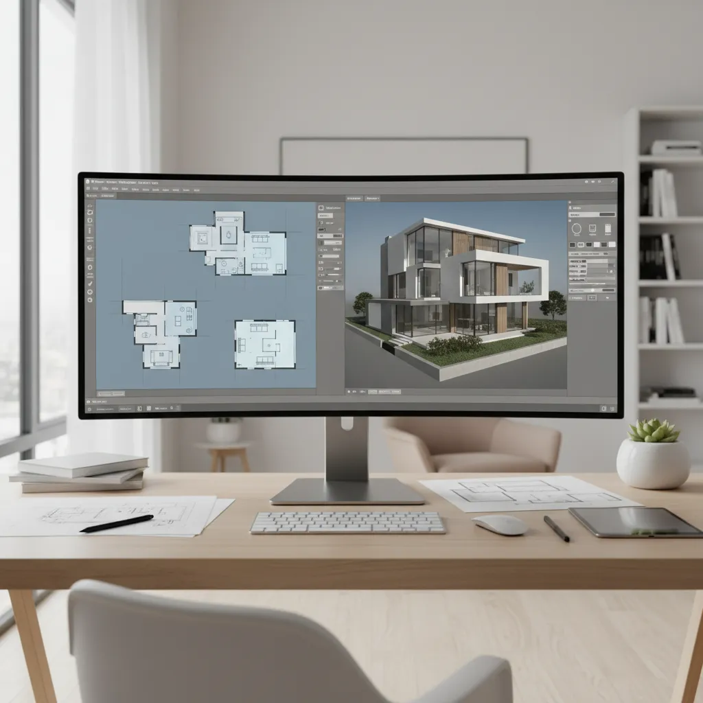 Coohom software on curved monitor showing 2D floor plans and 3D modern house design drawing