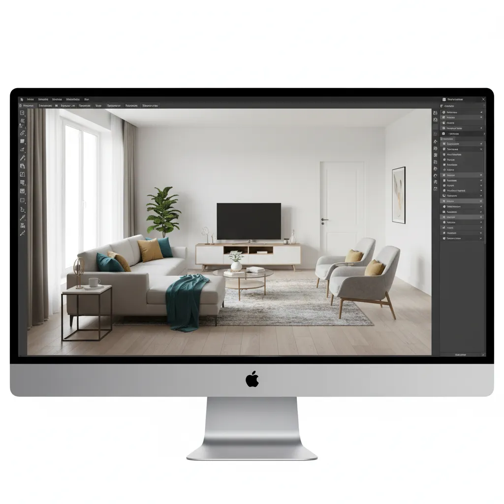 3D home design software interface showing a living room layout