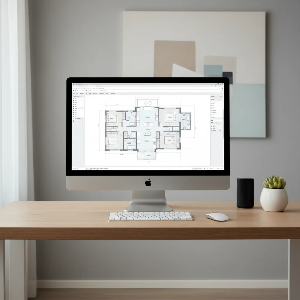 Computer screen displaying a digital home layout created with home design software