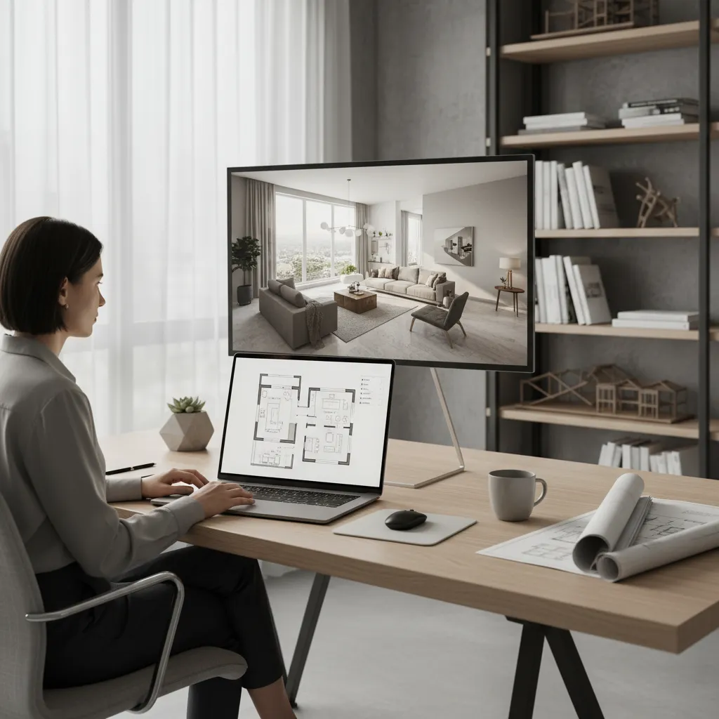 person planning room layout using home remodeling software on laptop