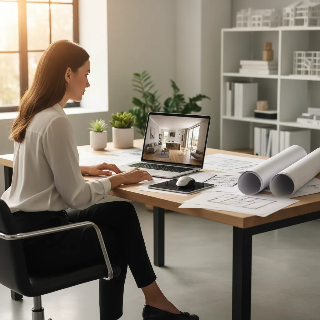 designer using home layout planning software on a laptop