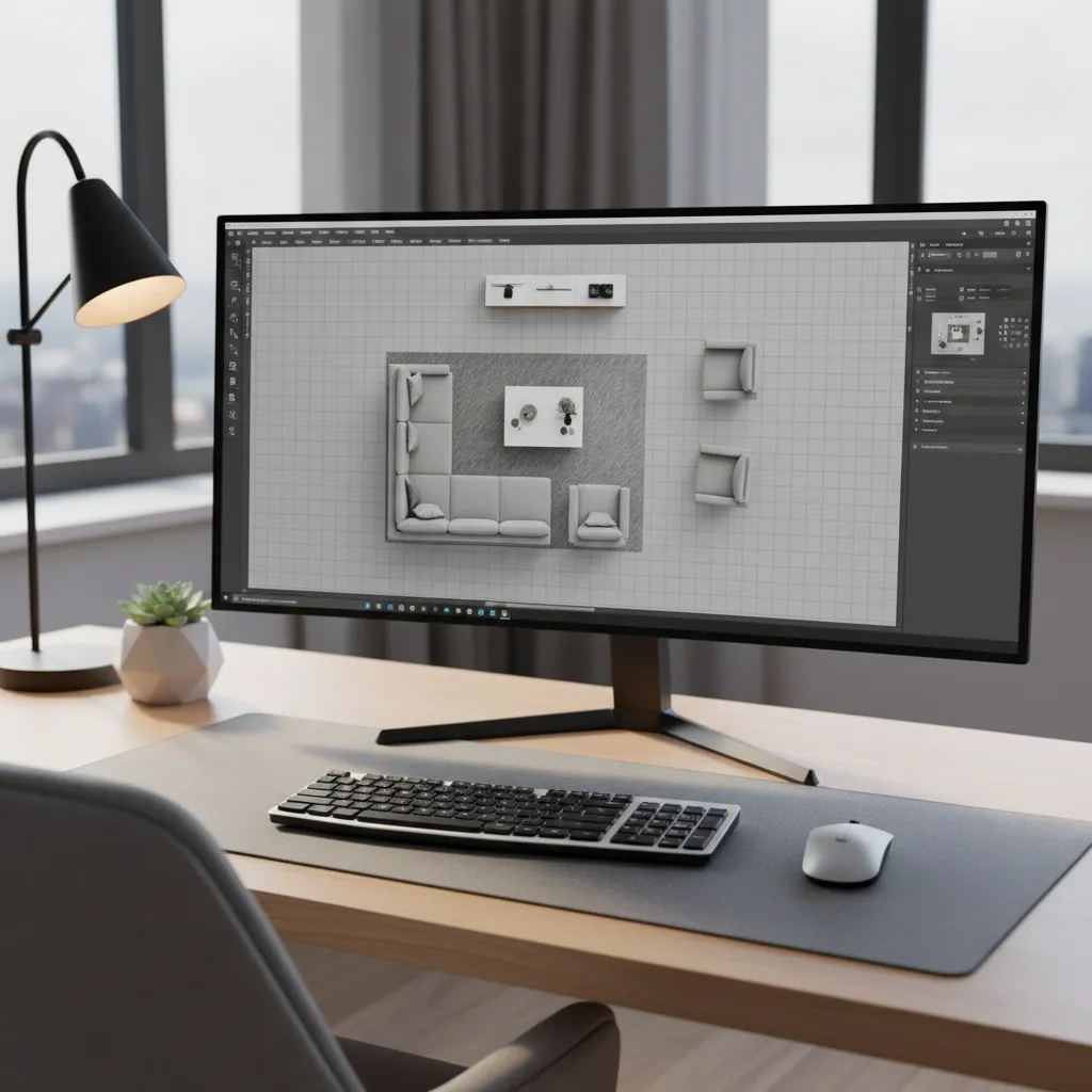 Computer screen showing living room layout created in home design software