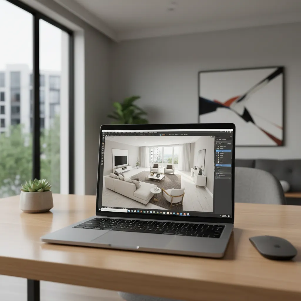 Laptop showing 3D living room layout created with home design software