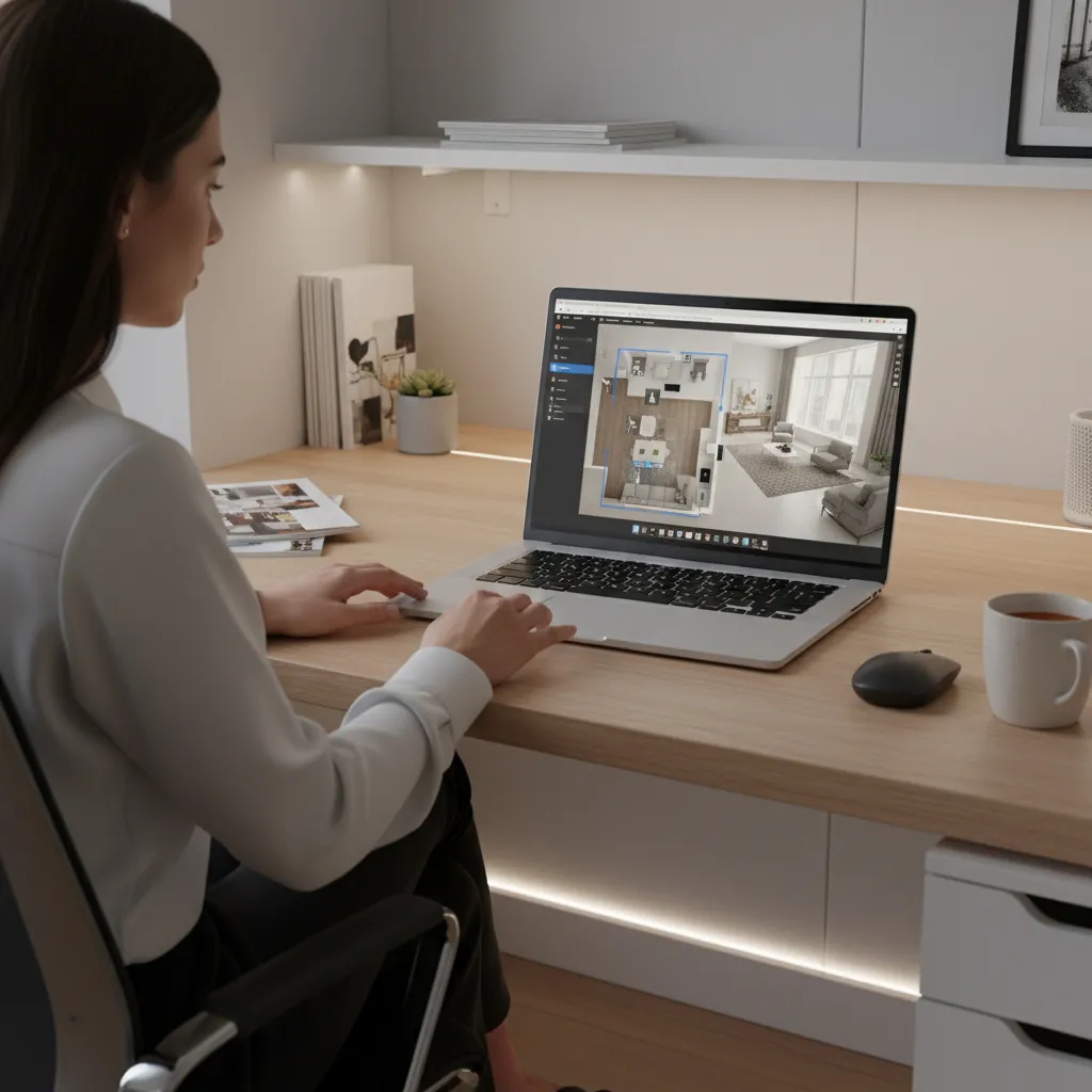 Designer adjusting room layout and furniture arrangement in interior design software