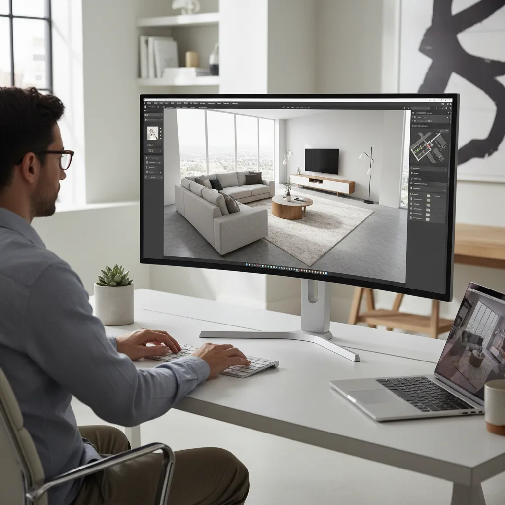 Person using interior design software on a Windows laptop to plan a living room layout