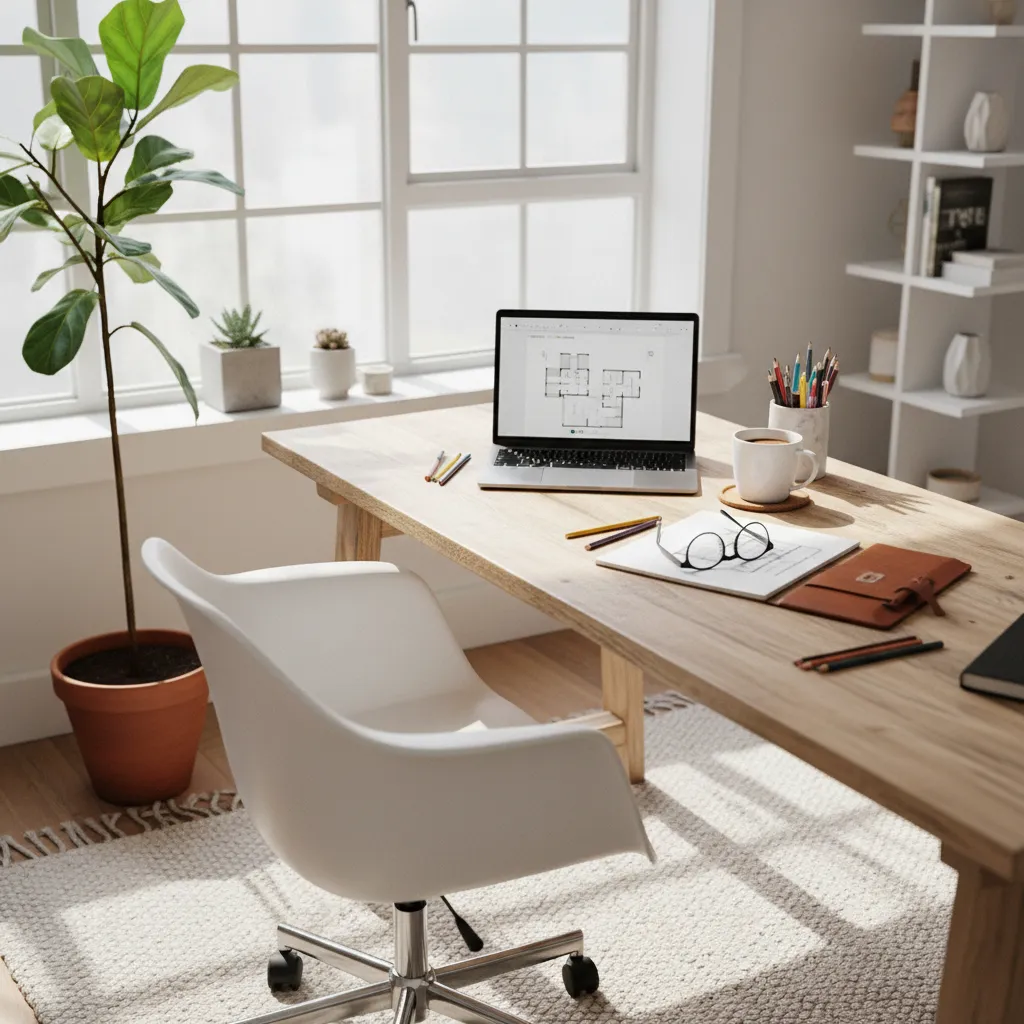 Bright home office desk with laptop showing floor plan white chair and a green plant