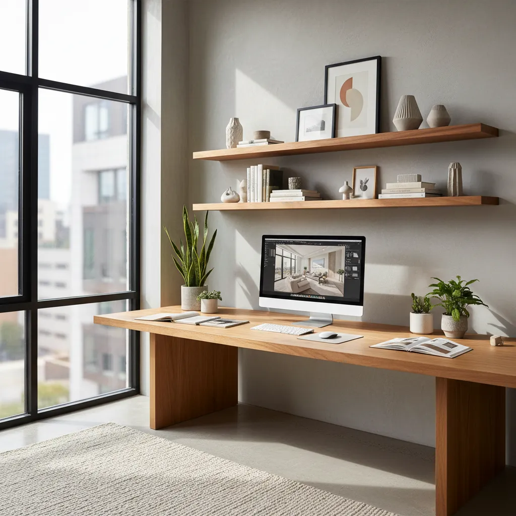 Modern home office with wooden desk showing interior design drawing green plants and wall shelves