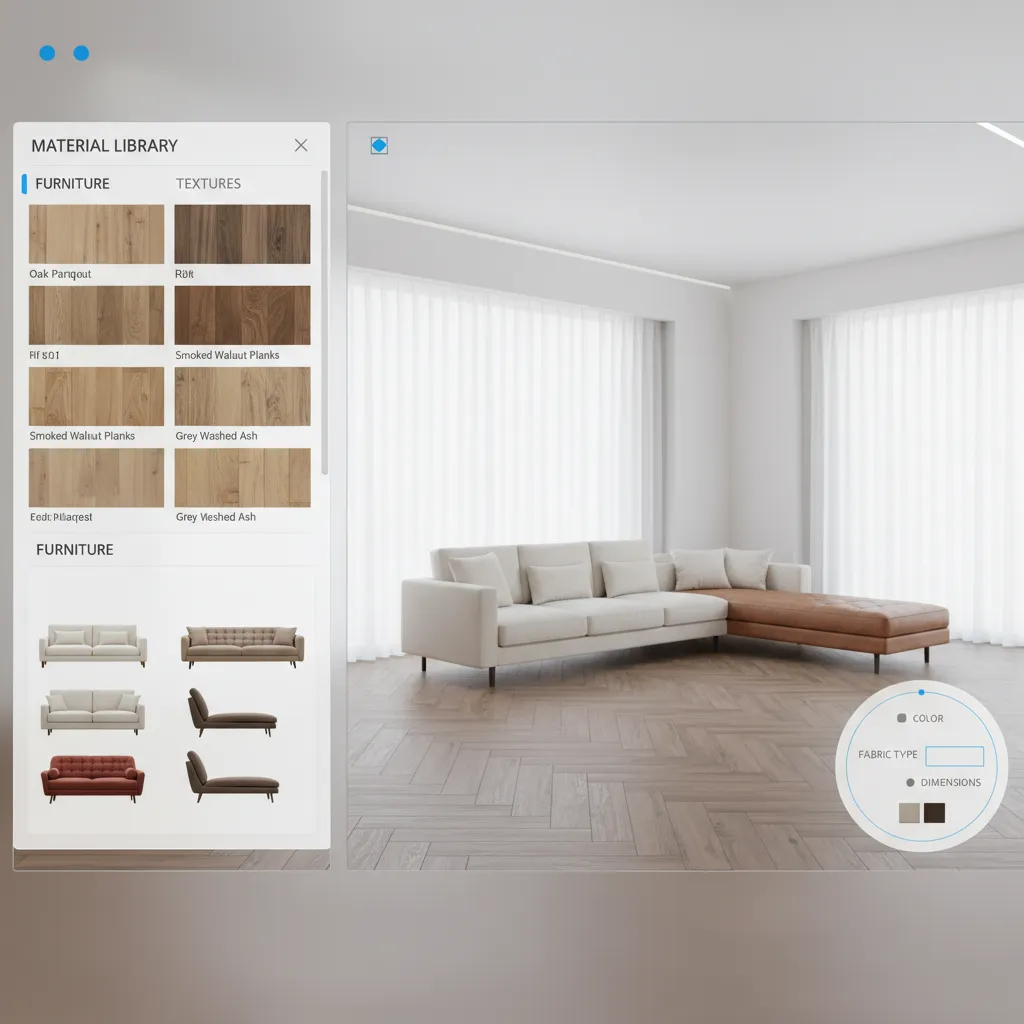 Interior design tool showing a material library for wood floors and a custom sofa layout