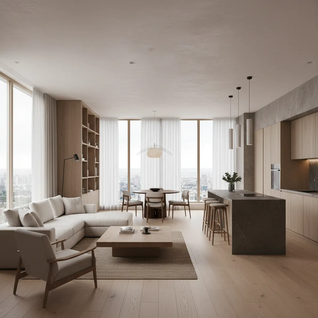 Modern open living room with white sofa wood coffee table kitchen island and large windows
