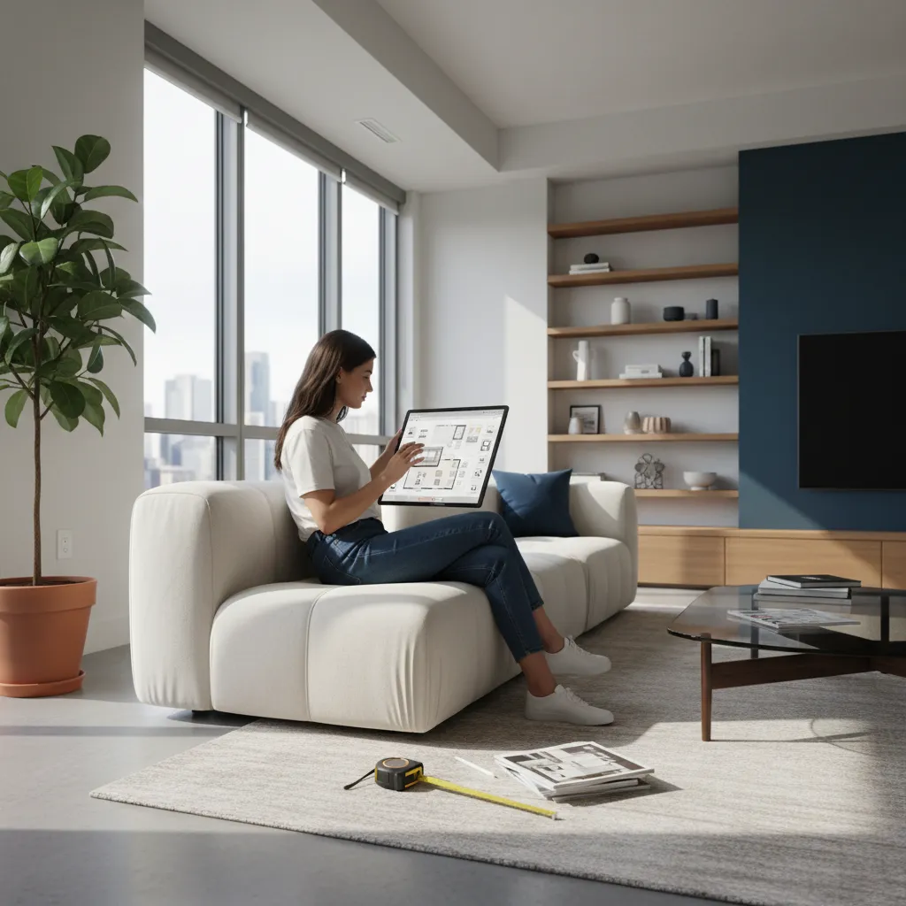 Proceso de diseño de interiores usando tablet en una sala