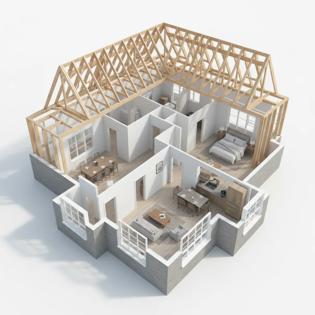 Detailed 3D house remodel plan with walls, roof and furniture visible