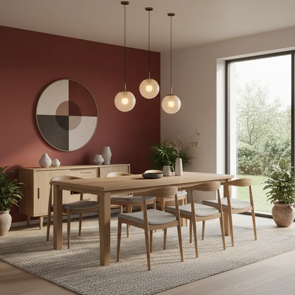 Modern home dining room with red accent wall and wooden dining table