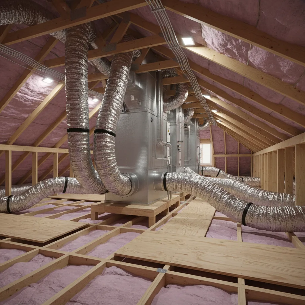 residential attic showing HVAC ductwork layout affecting airflow
