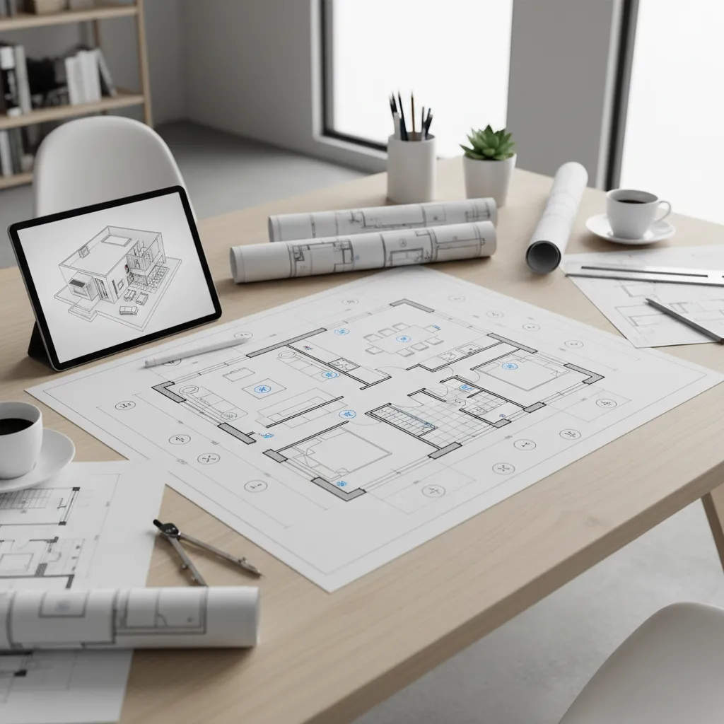 Modern home floor plan showing electrical outlet and lighting layout planning