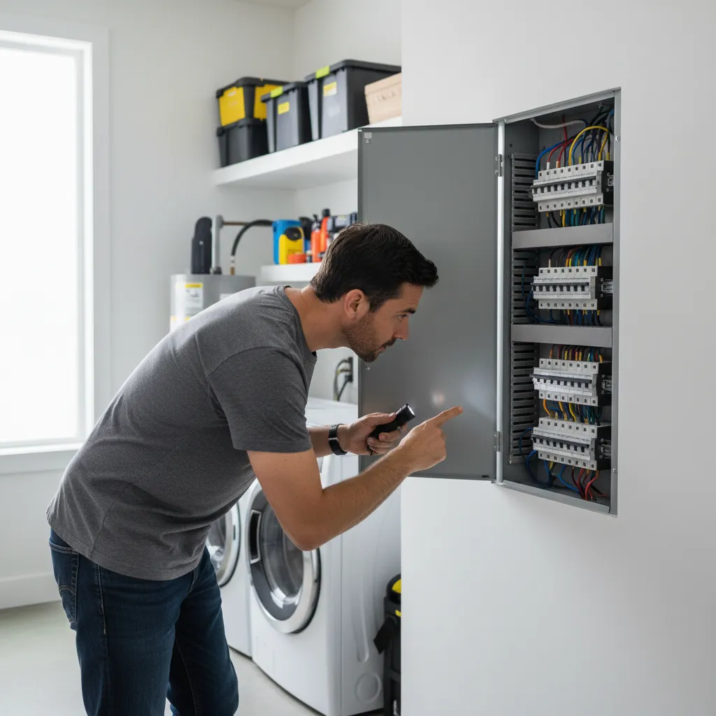Homeowner checking circuit breaker panel inside utility room