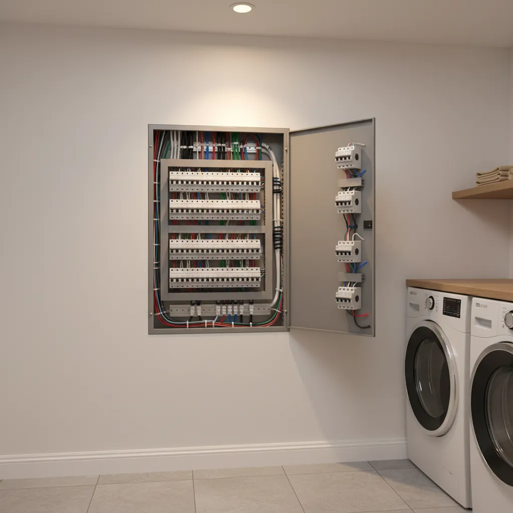 modern residential electrical breaker panel installed in utility room wall