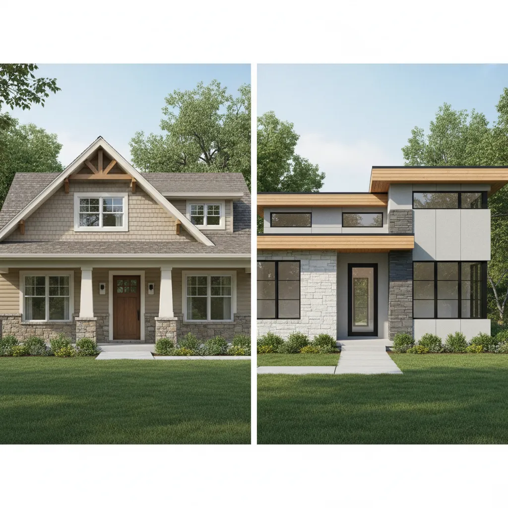 Craftsman and modern home elevations showing different color effects