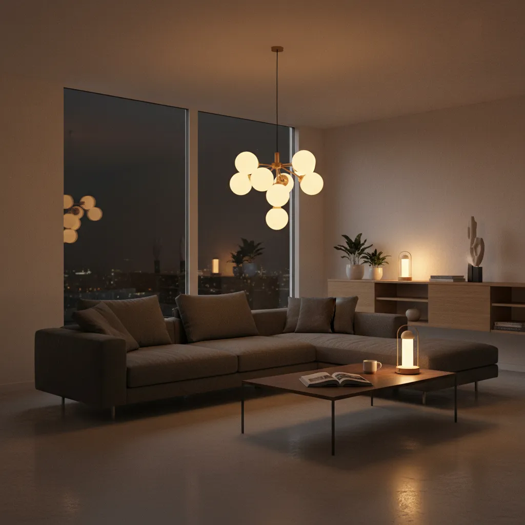 Living room illuminated by rechargeable emergency light bulbs during power outage