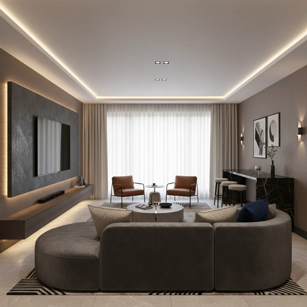 Residential entertainment room inspired by hospitality lounge design