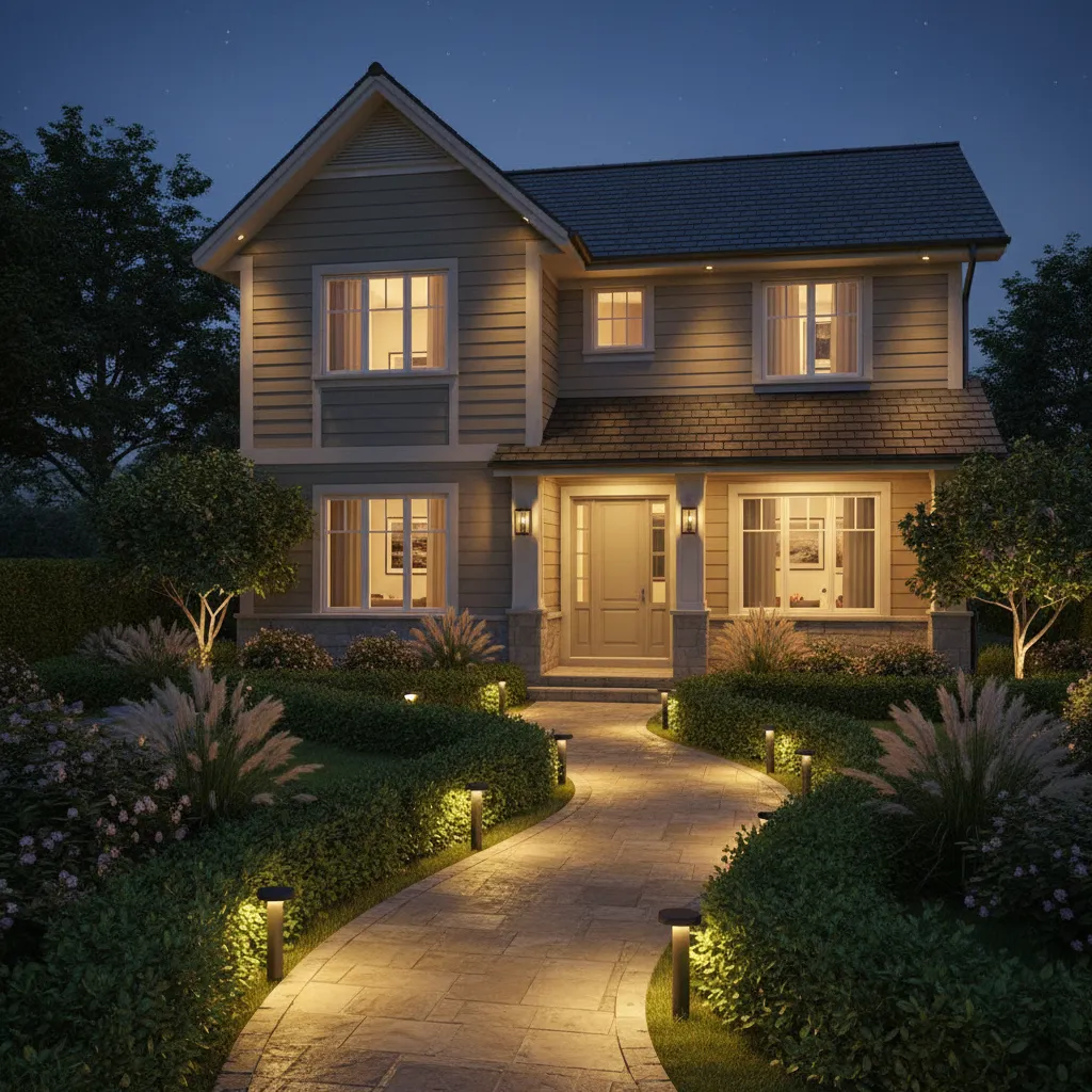 home exterior with landscaping and warm outdoor lighting