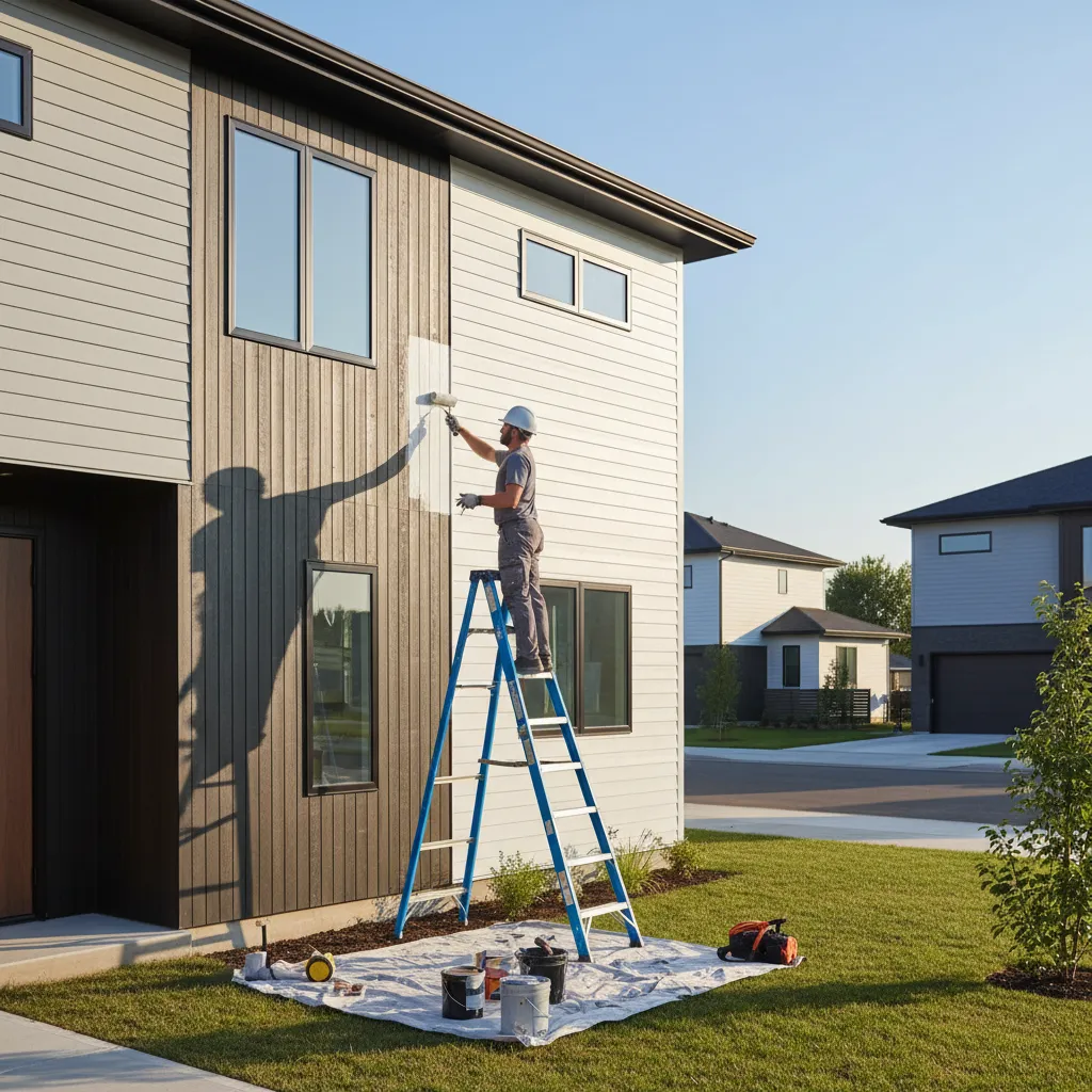 contractor painting exterior wall of suburban house during renovation