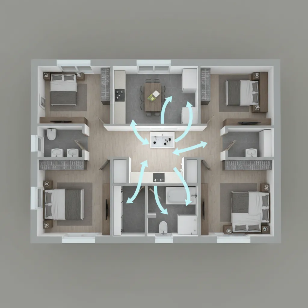 home floor plan visualization showing airflow from laundry room ventilation