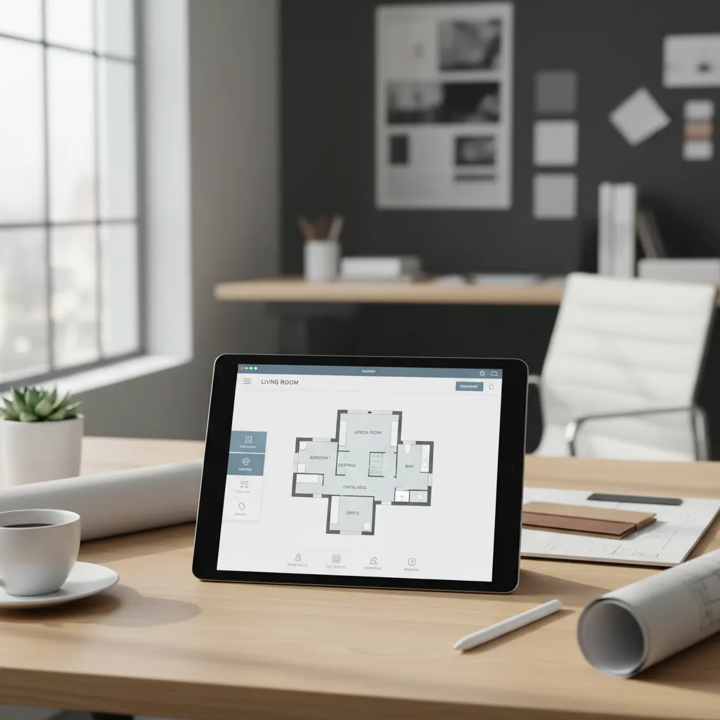tablet displaying a home floor plan creator app interface with room layout