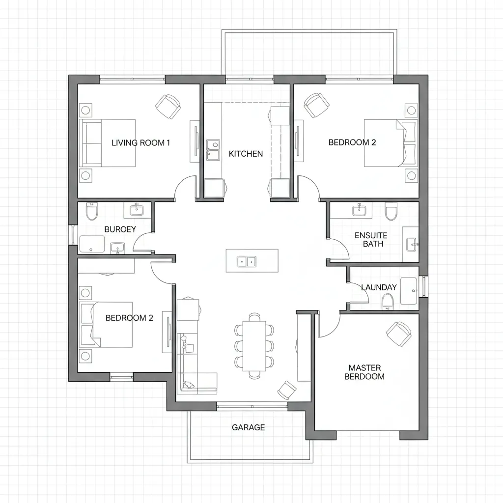Detailed digital home floor plan created using CAD layout tools