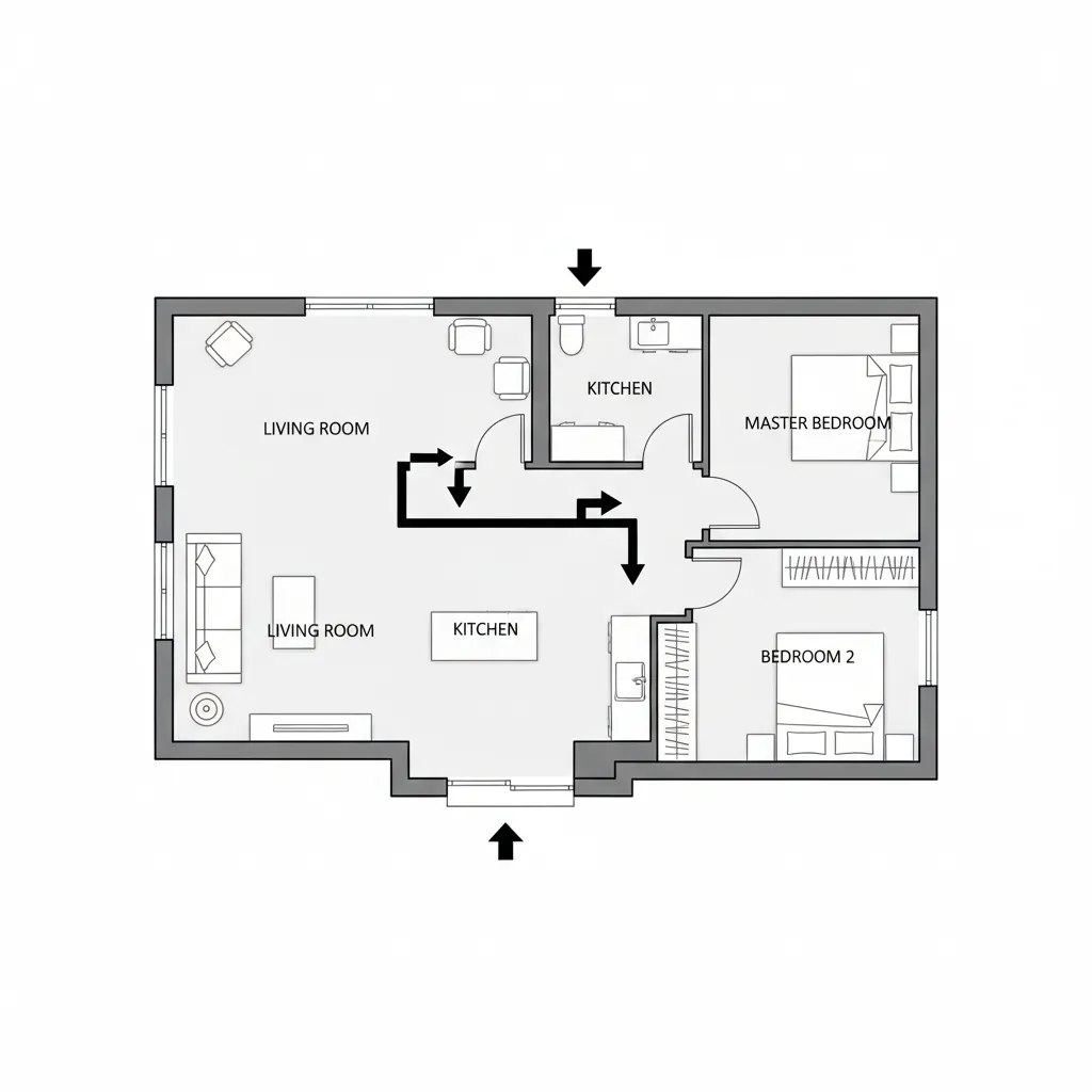 Residential floor plan diagram highlighting circulation paths between rooms