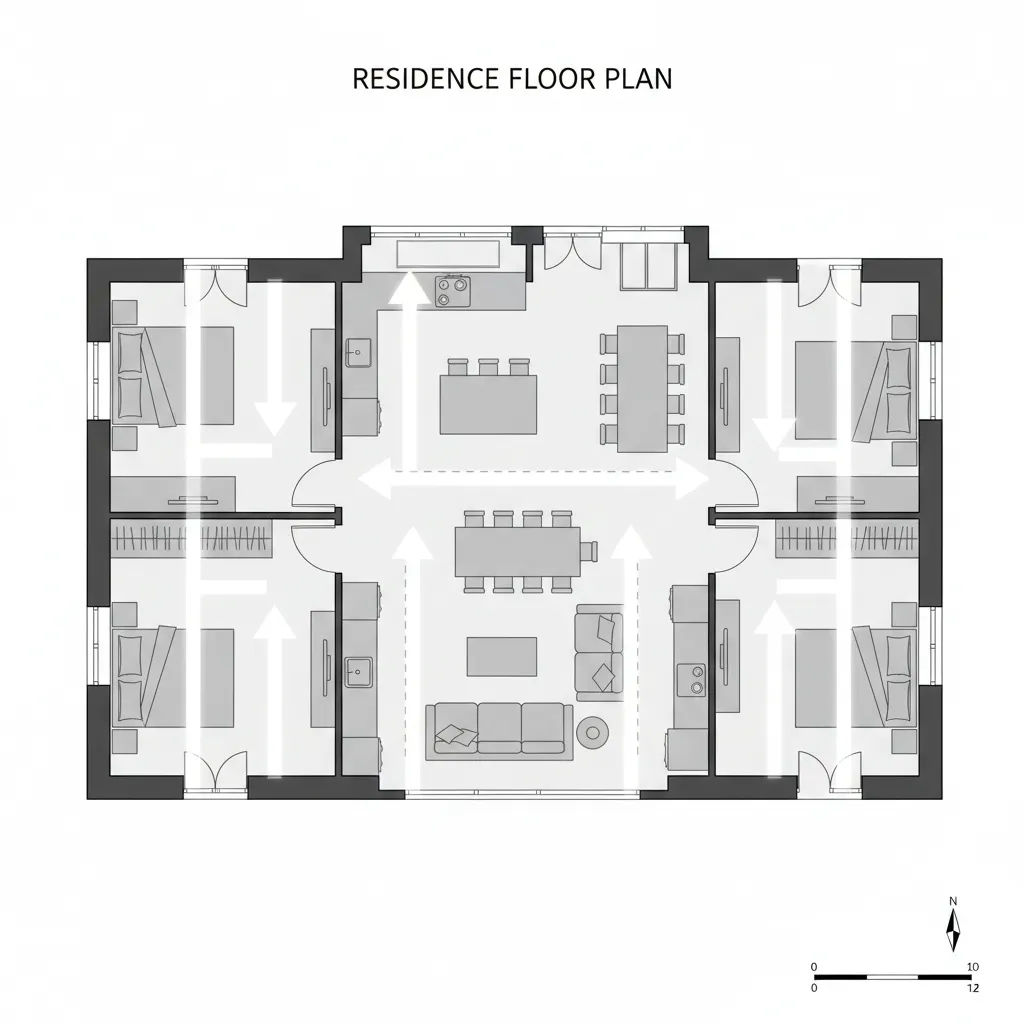 Residential floor plan showing circulation paths between living kitchen and bedrooms