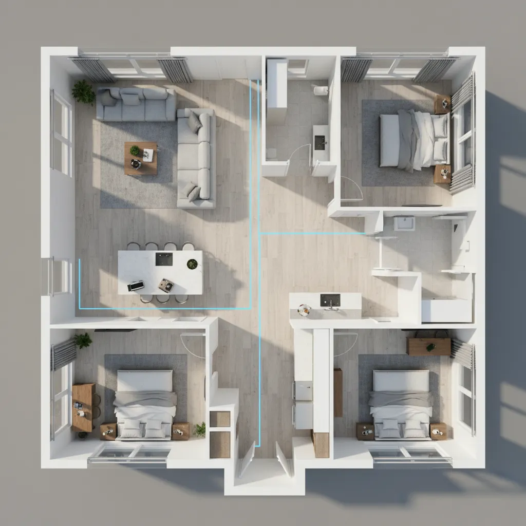 3D floor plan highlighting hallway circulation paths in a three bedroom house