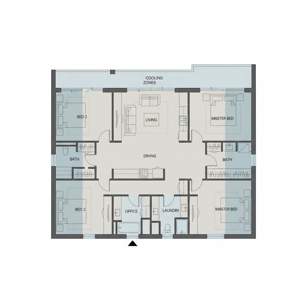 home floor plan diagram showing cooling zones for HVAC sizing