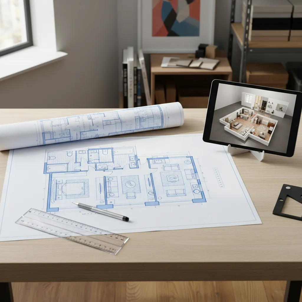 Wooden desk with paper floor plan and tablet displaying a matching house room layout design