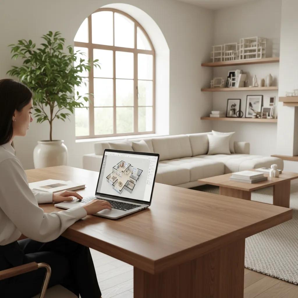 Designer using digital floor plan software to test home layout changes