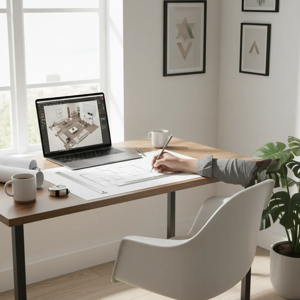 homeowner sketching floor plan ideas at desk with laptop showing 3D layout software